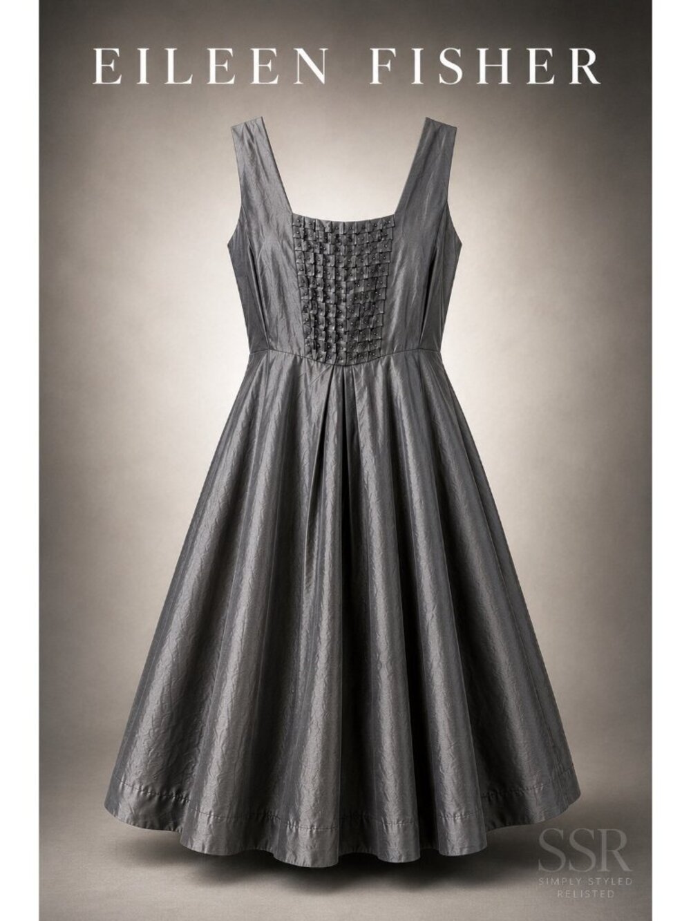 Eileen Fisher Silk Blend Fit Flare Dress Pewter Gray Beaded Sleeveless Size XS